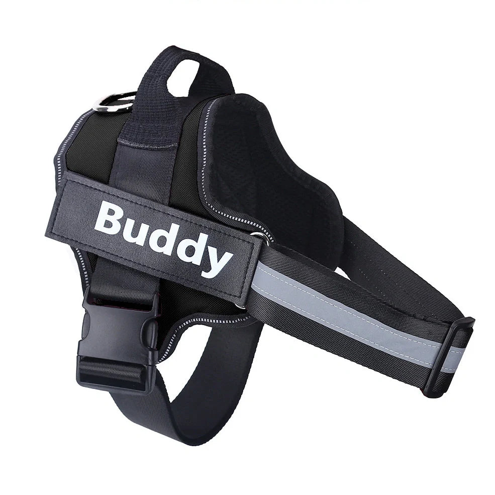 Personalised dog harness with reflective straps and adjustable chest fitting showing no-pull design