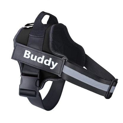 Personalised dog harness with reflective straps and adjustable chest fitting showing no-pull design