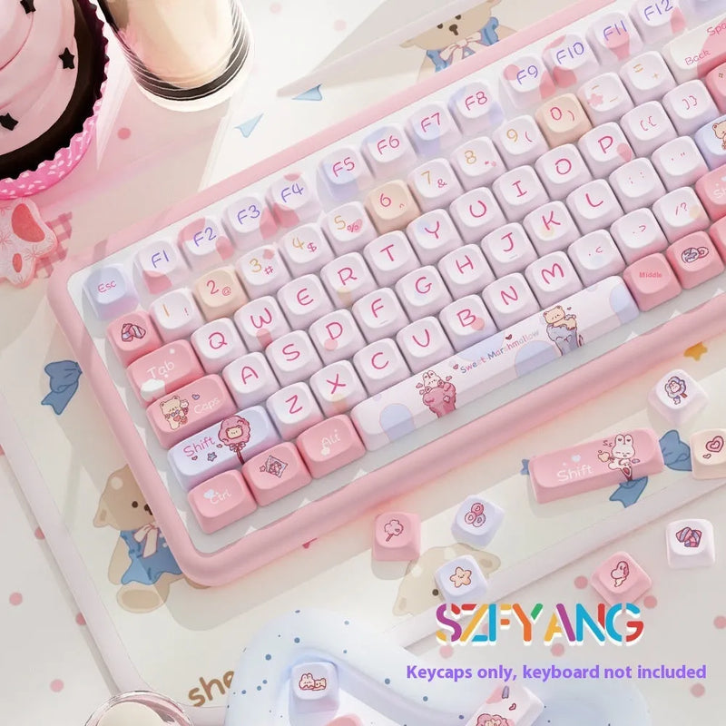 Keycaps: Sweet Cotton Candy profile keycaps for mechanical keyboards with 112 or 120 key options, offering a soft-touch texture and full PBT plastic construction for long-lasting legends.