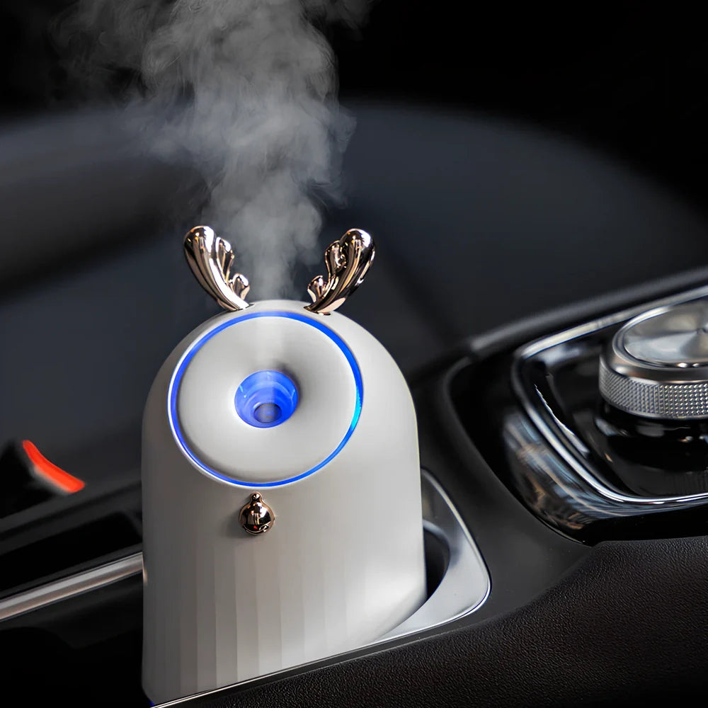 Blue humidifier table lamp with USB port, 80mm diameter, mist output and ambient lighting functions