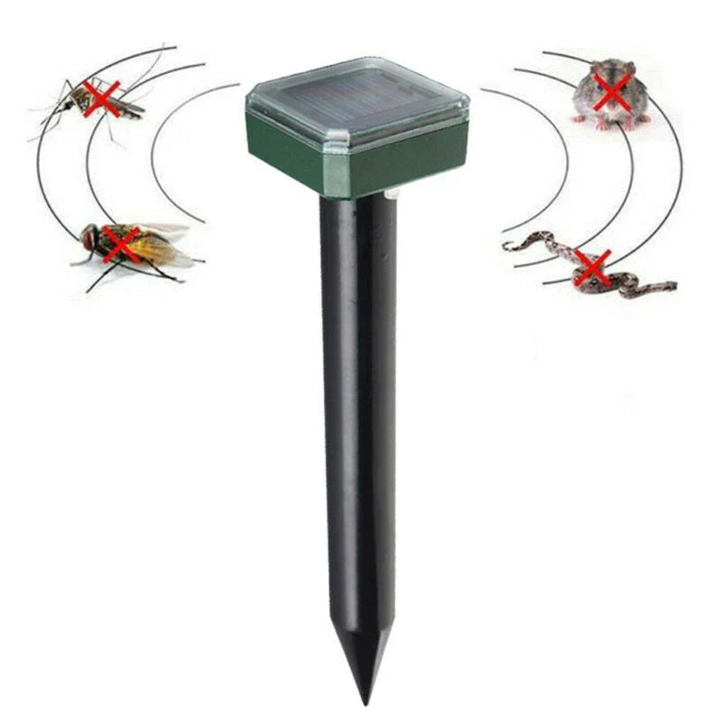 Solar-powered ultrasonic pest repeller with watertight design and 360-degree coverage to deter rodents and snakes in yard and garden