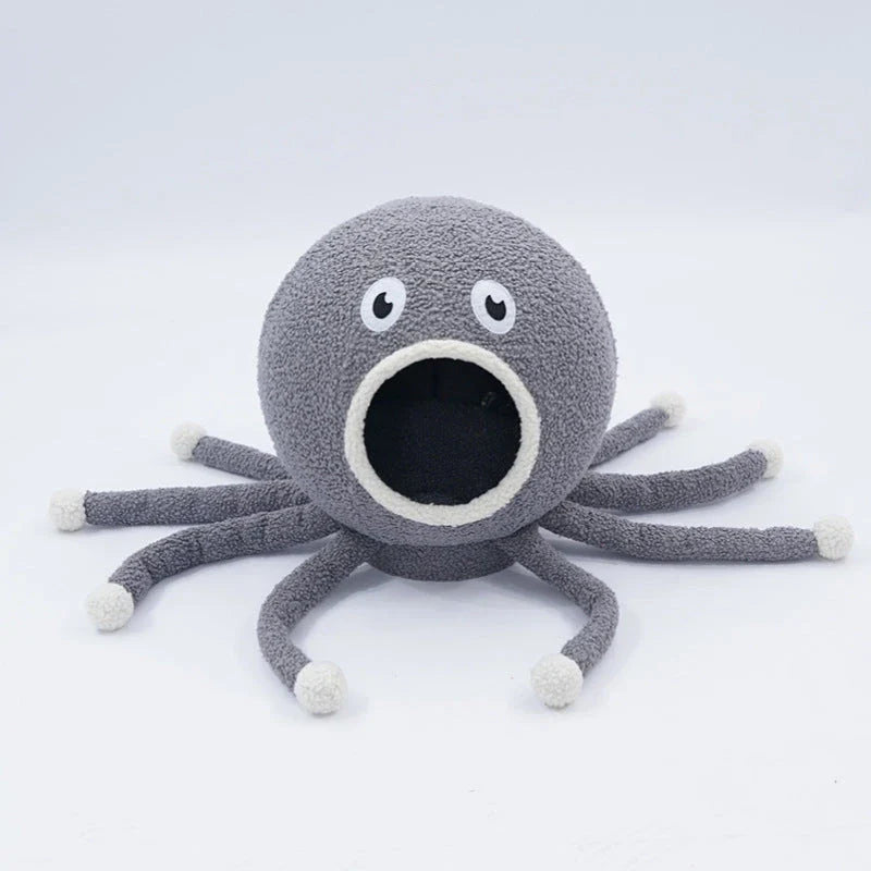 Cozy octopus-shaped pet bed with soft, plush fabric and raised 'eyes' for natural headrest
