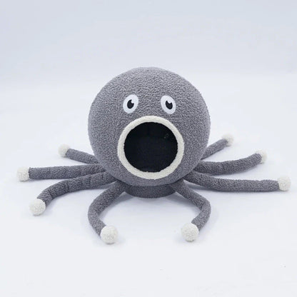 Cozy octopus-shaped pet bed with soft, plush fabric and raised 'eyes' for natural headrest