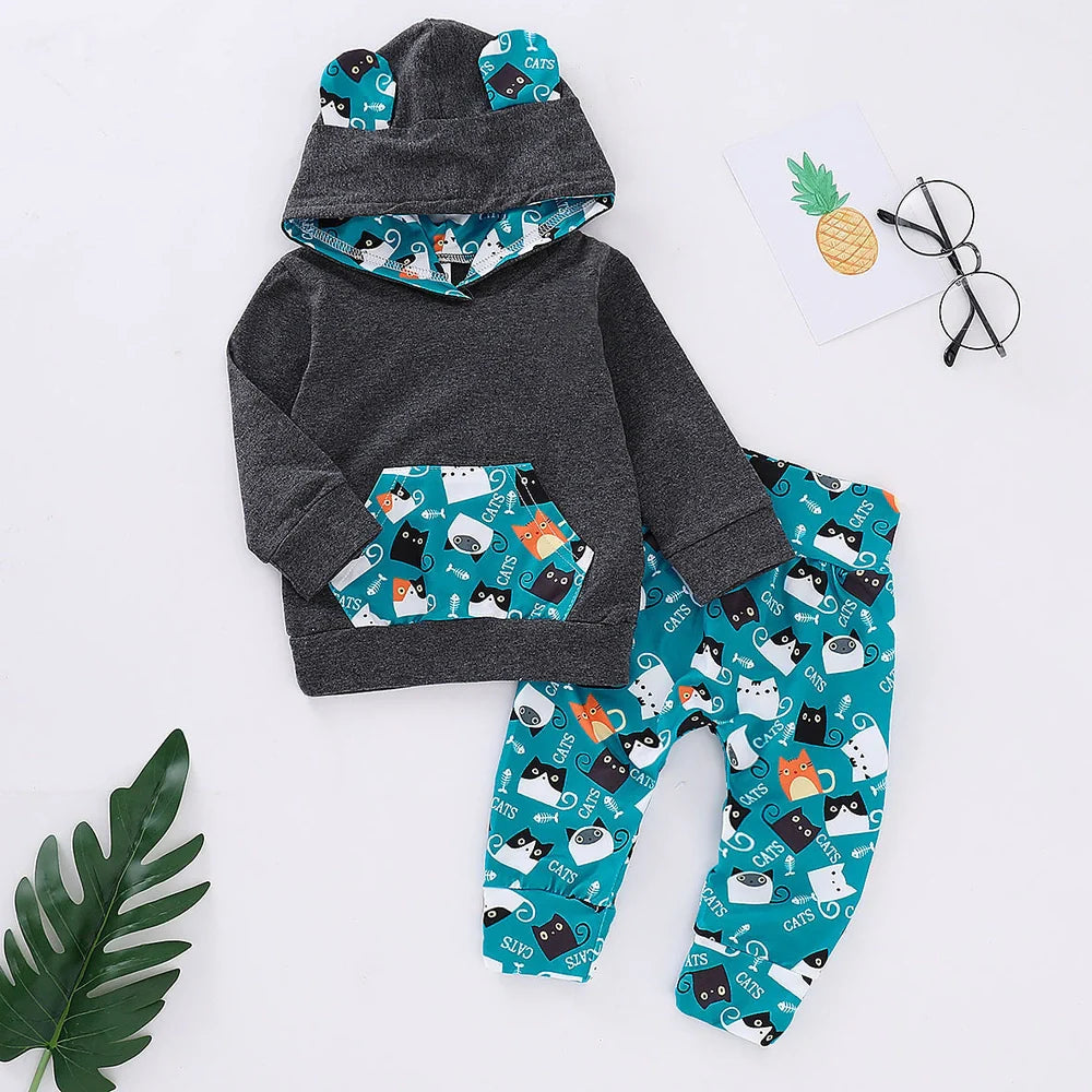 Cotton cat print pants suit for children aged 1-3 years in four height sizes