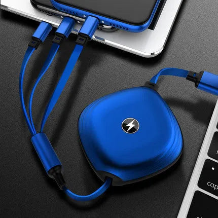Black telescopic 3-in-1 charging cable extended to 120cm with three connector ends visible.