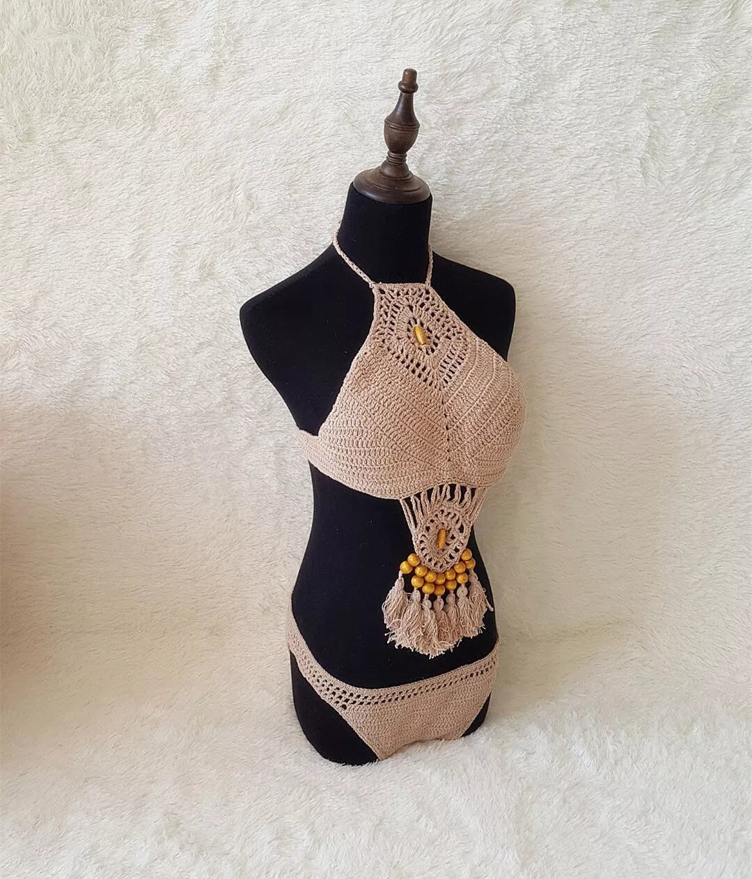 2021 Women's Crochet Tassel Bikini Set in Black, White, and Khaki