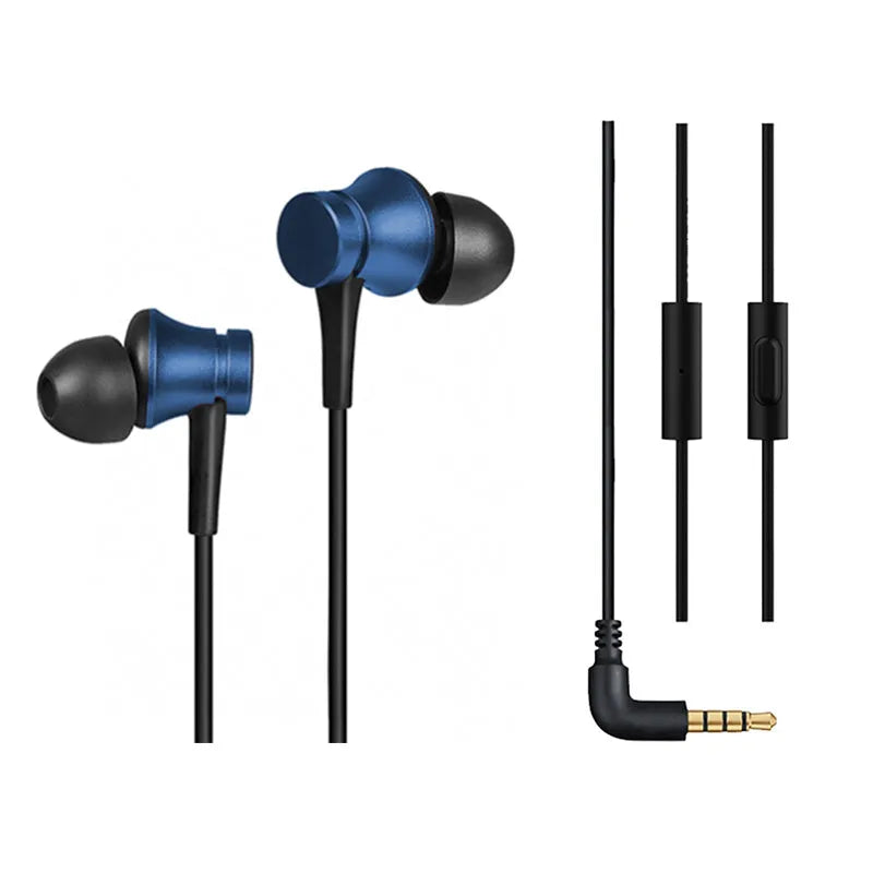 Piston in-ear headphones with 3.5mm wired connector in black, blue, and red colour options