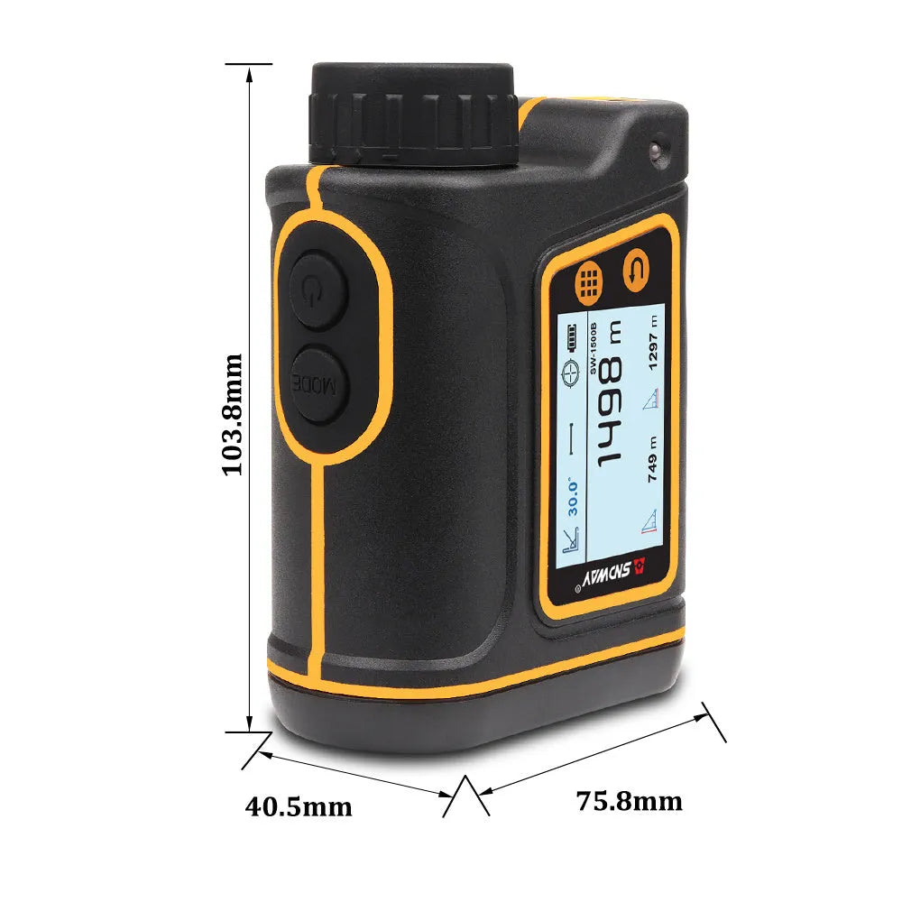 Outdoor handheld golf rangefinder with 1500m range, compact design, and display showing distance measurement