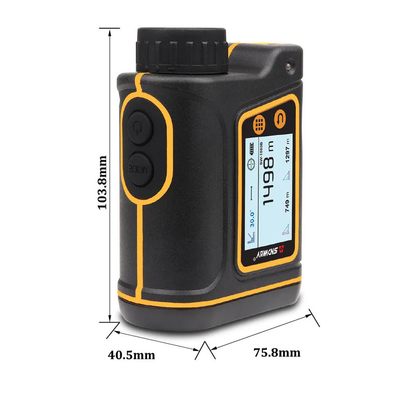 Outdoor handheld golf rangefinder with 1500m maximum measuring range, ±0.5m accuracy, and 30-record storage for precise distance, height, and speed calculations on the course