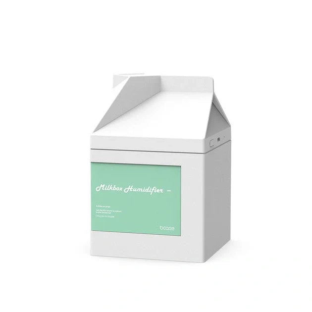 White milk carton shaped USB humidifier with 260ml capacity measuring 75mm x 75mm x 113mm