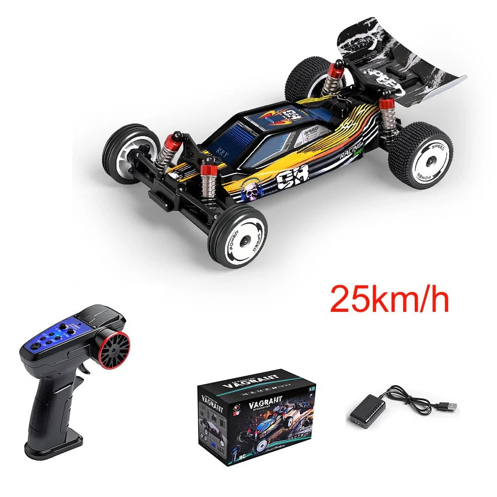 Black two-wheel drive remote control toy car with proportional steering and impact-resistant ABS plastic body
