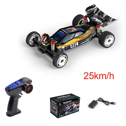 Black two-wheel drive remote control toy car with proportional steering and impact-resistant ABS plastic body
