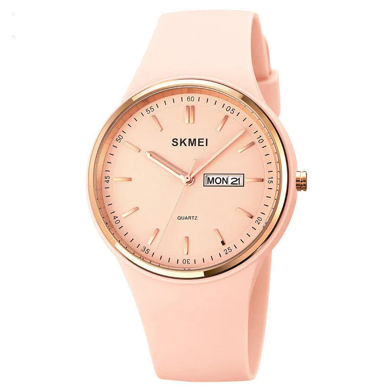 Silicone quartz watch for female students with 42mm dial in six colour options.