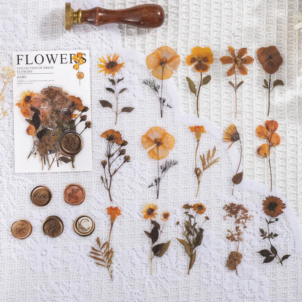 Fire Paint Creative Dried Flowers Journal Decoration Sticker Package showing eight modern art designs on 40 PET sheets