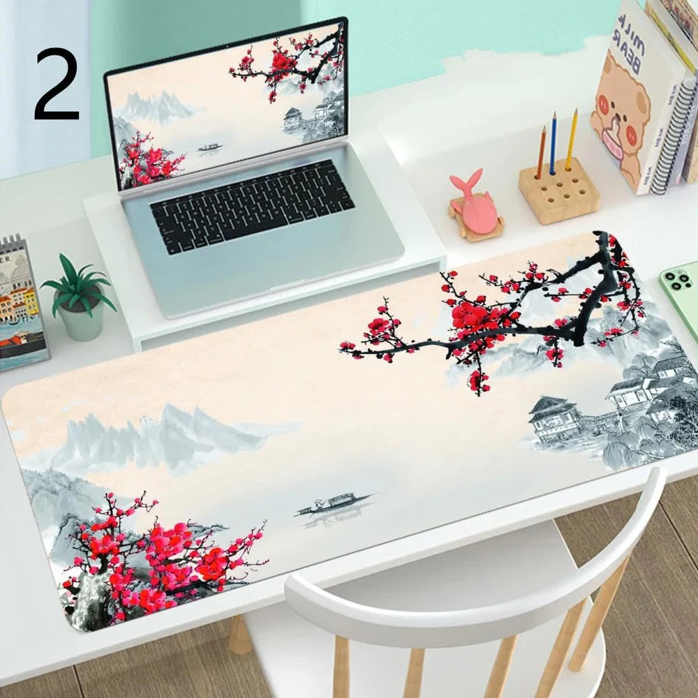 Large gaming mouse desk mat showing printed design on rubber surface with size options up to 400x900mm