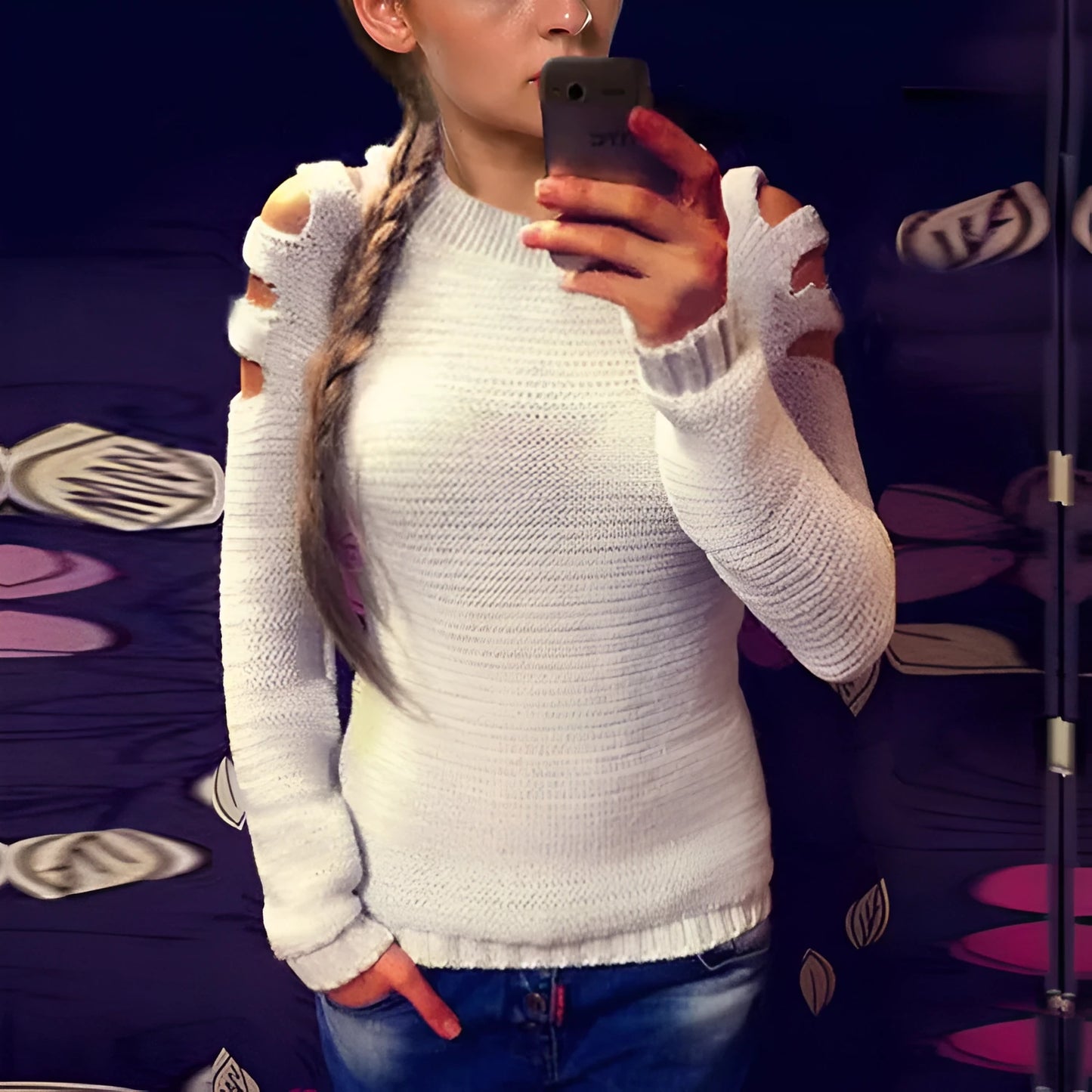 Women's solid colour knitted shirt with hollow-out crochet detailing, long sleeves, and round neck in white or grey