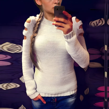 Women's solid colour knitted shirt with hollow-out crochet detailing, long sleeves, and round neck in white or grey