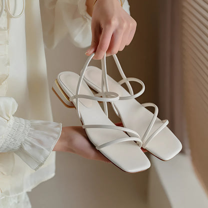 Women's flat strap Roman sandals with square toe in microfiber, showing adjustable ankle strap and multiple colour options