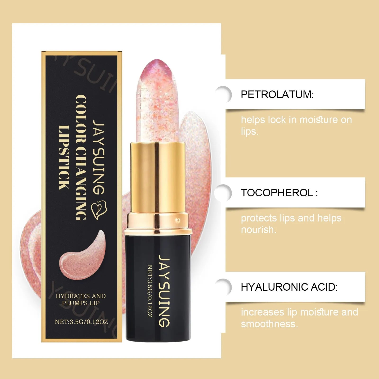 3.5G tube of moisturising brightening colour changing lipstick on a pink background.