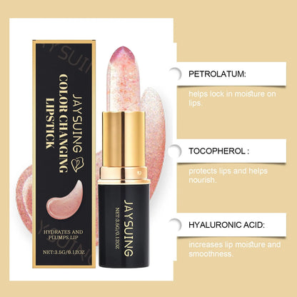 3.5G tube of moisturising brightening colour changing lipstick on a pink background.