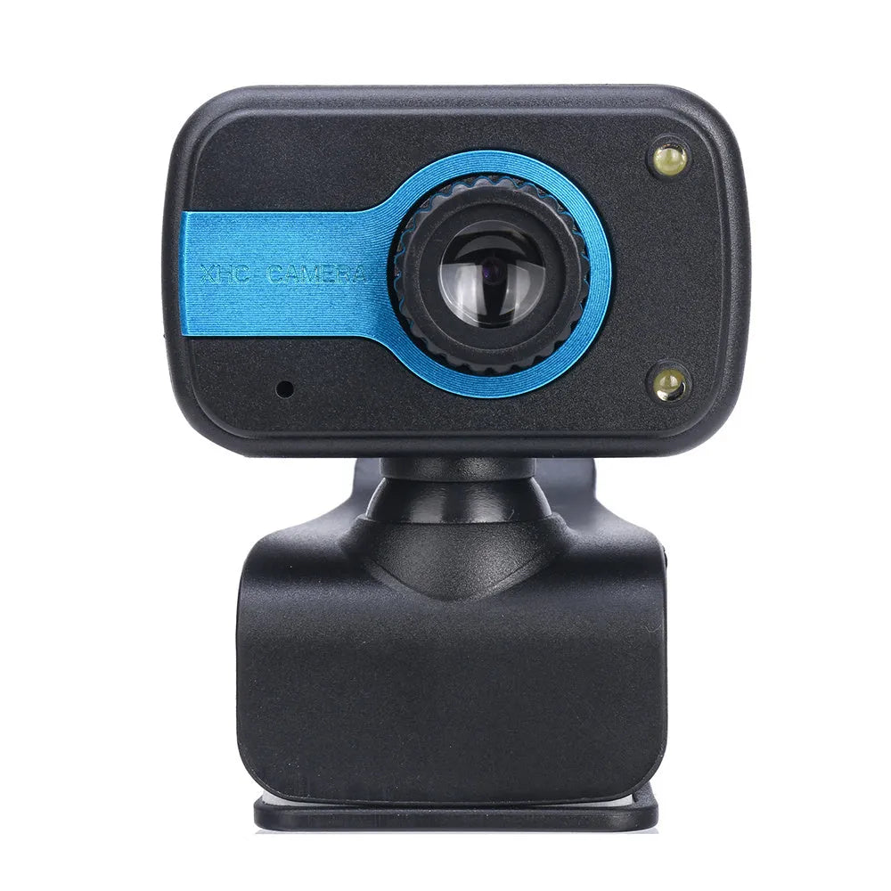 Blue, red, or white mini USB webcam on a stand with a 360-degree rotating head and manual focus adjustment.