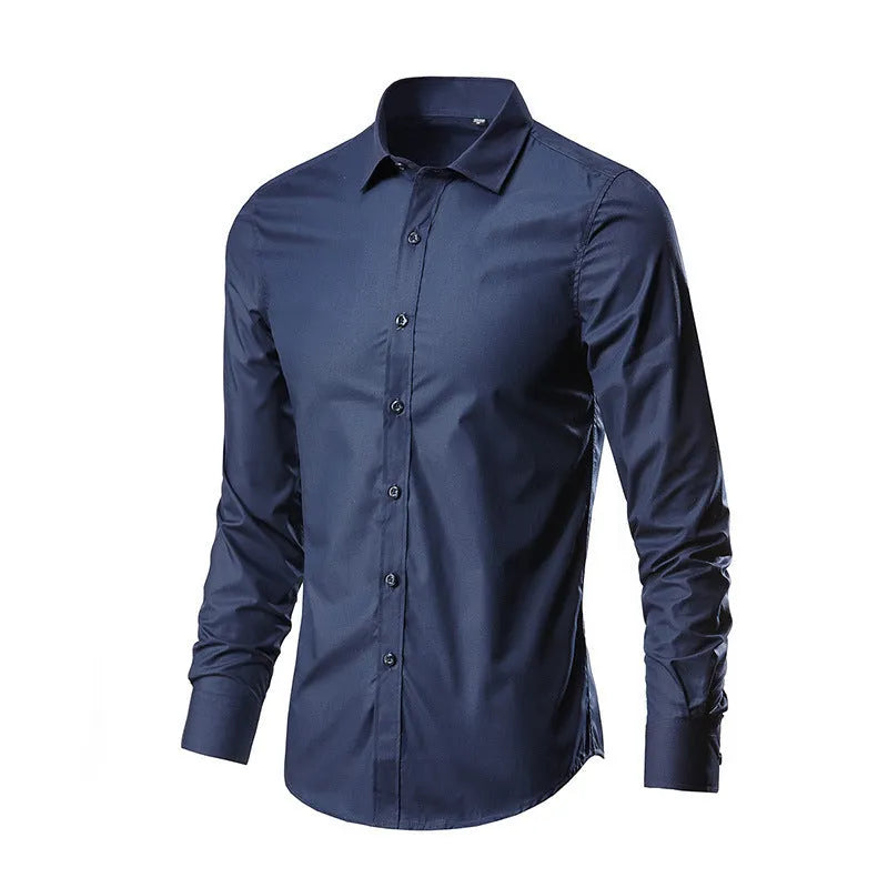 Long-sleeve linen shirt in various colours including black, brown, and navy blue, with loose fit and sizes up to 5XL