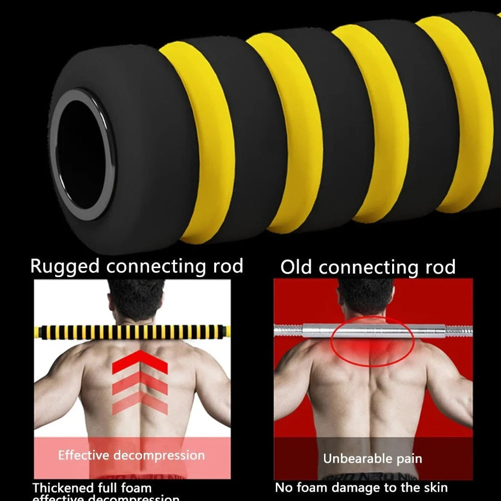 Yellow adjustable dumbbell barbell set with connecting rod and weight plates for home strength training