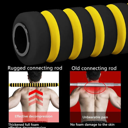 Yellow adjustable dumbbell barbell set with connecting rod and weight plates for home strength training