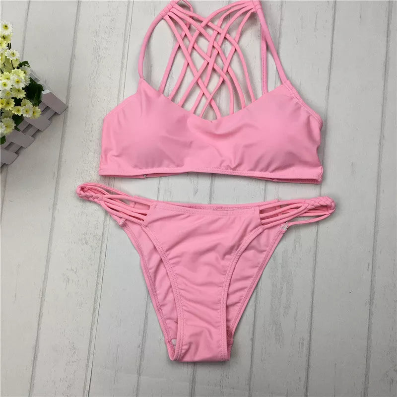 Pink Bandage Cut-Out Halter Bikini for women with unique design and durable fabric
