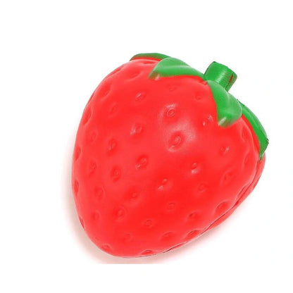 A squishy, strawberry-shaped stress relief ball made of durable polyurethane material