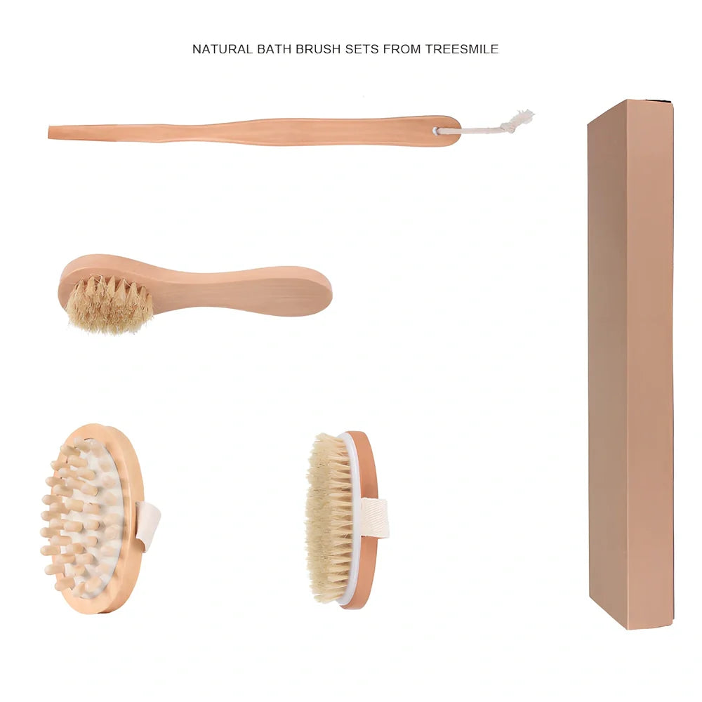 Lotus wood bathroom brush set with massage head, bath brush, and face brush in kraft paper box