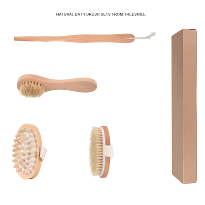 Lotus wood bathroom brush set with massage head, bath brush, and face brush in kraft paper box