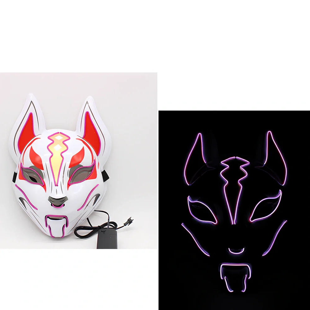 Glowing blue cat face mask with LED illumination measuring 28cm by 18cm for cosplay and Halloween events