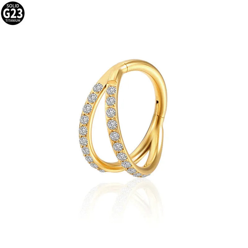 G23 titanium alloy nose ring with diamond-treated surface in gold or steel colour, showing precise gauge measurements