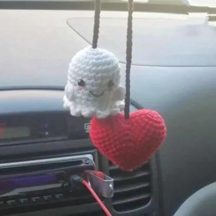 Soft, hand-woven plush car hanging ornament in a cartoon character design.