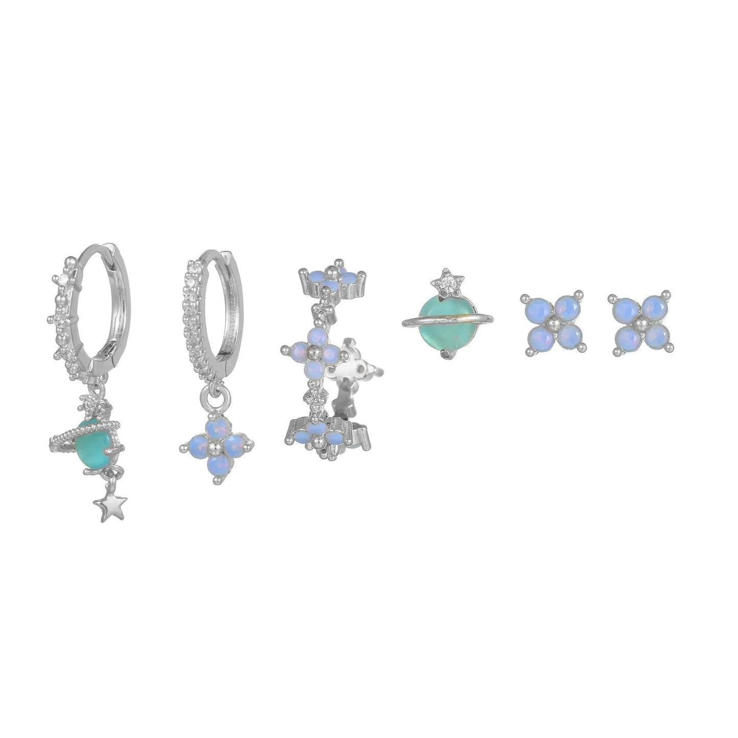 Gold and silver flower ear studs with zircon mosaic detailing, Japanese Korean style design