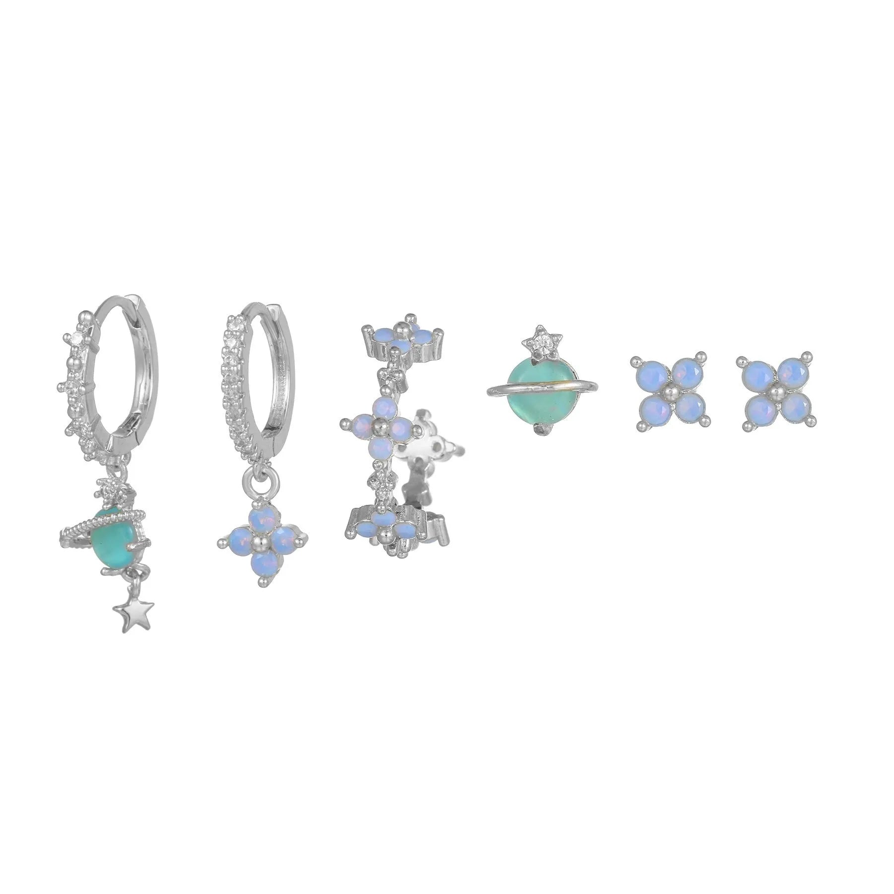 Gold and silver flower ear studs with zircon mosaic detailing, Japanese Korean style design