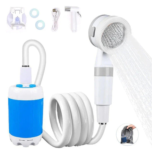 Rechargeable portable outdoor shower with adjustable water flow and spray settings for camping, hiking, and travel