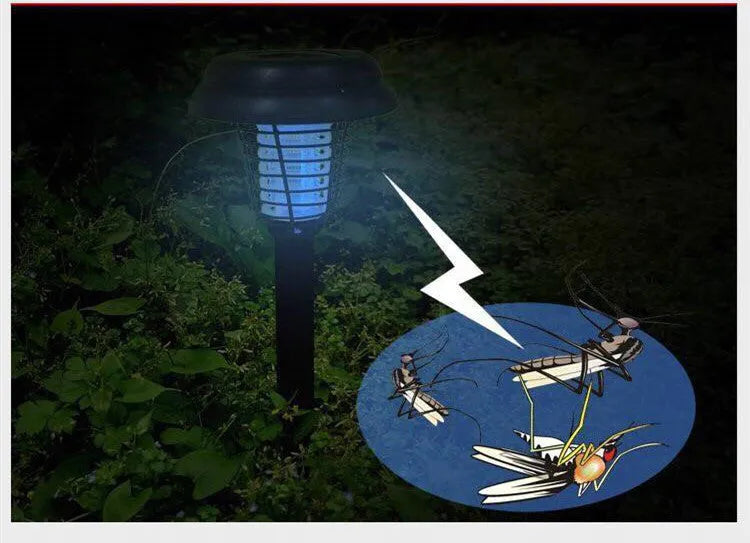 Black solar-powered outdoor insect killing lamp with white and purple LEDs for garden mosquito control.