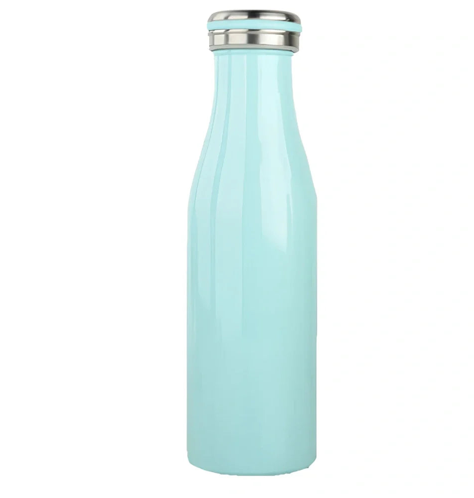 Milk vacuum water bottle in blue, 350ml size with 304 stainless steel insulation and silicone seal, 17cm tall