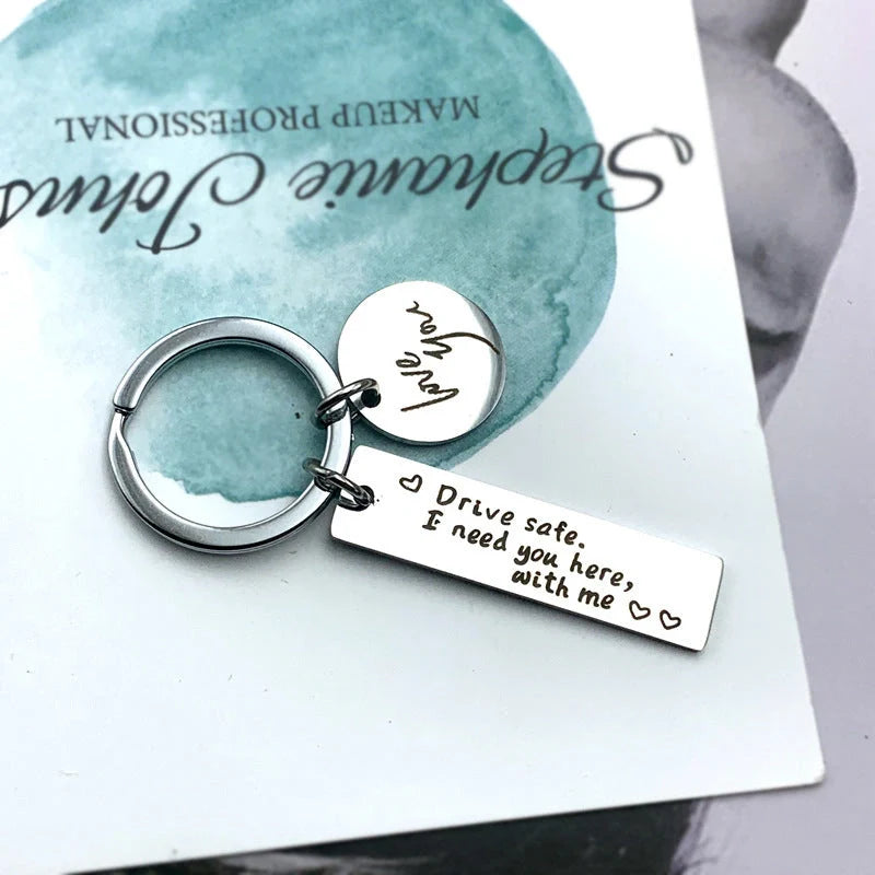 Stylish stainless steel safe driving keychain with unique message
