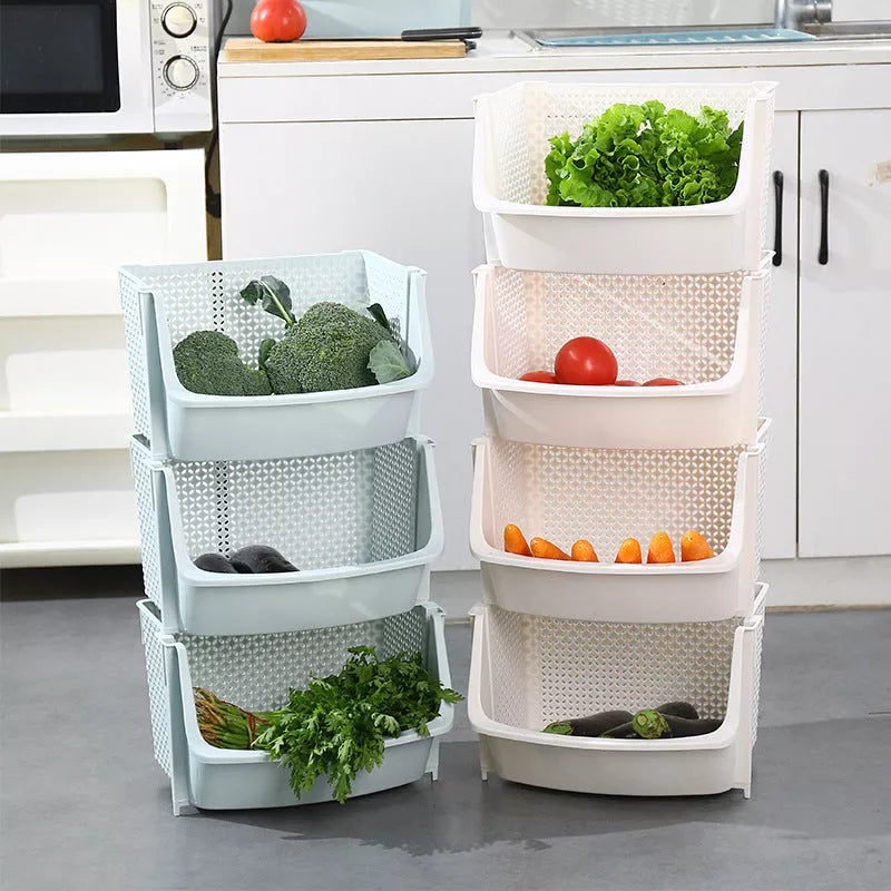 Multi-layer vegetable basket rack in light blue and light gray for efficient kitchen storage