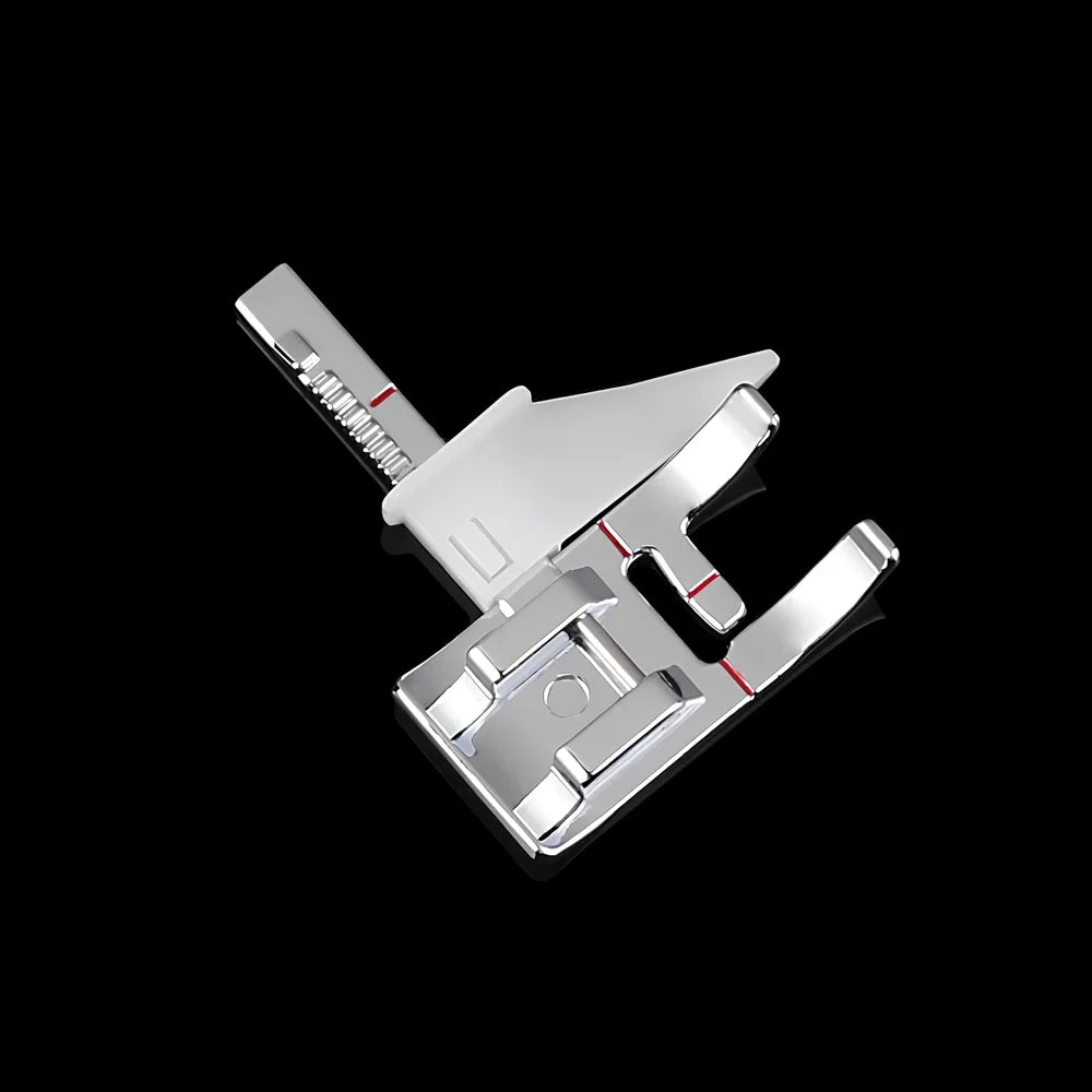 Regular sewing machine presser foot with red border guide for precise quilting seam measurements