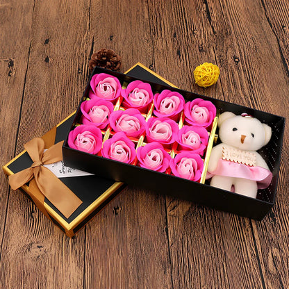 12 red soap roses in 25cm basket with eternal flower preservation for gifting