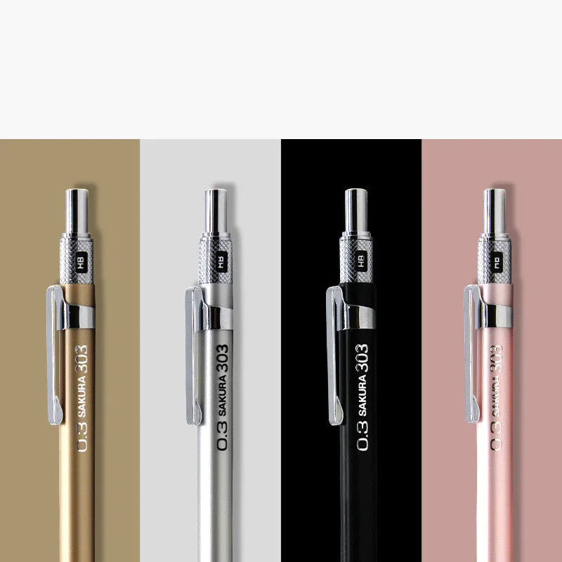 Japanese cherry mechanical pencil with metal rod mechanism in gold, silver, black, or pink colours