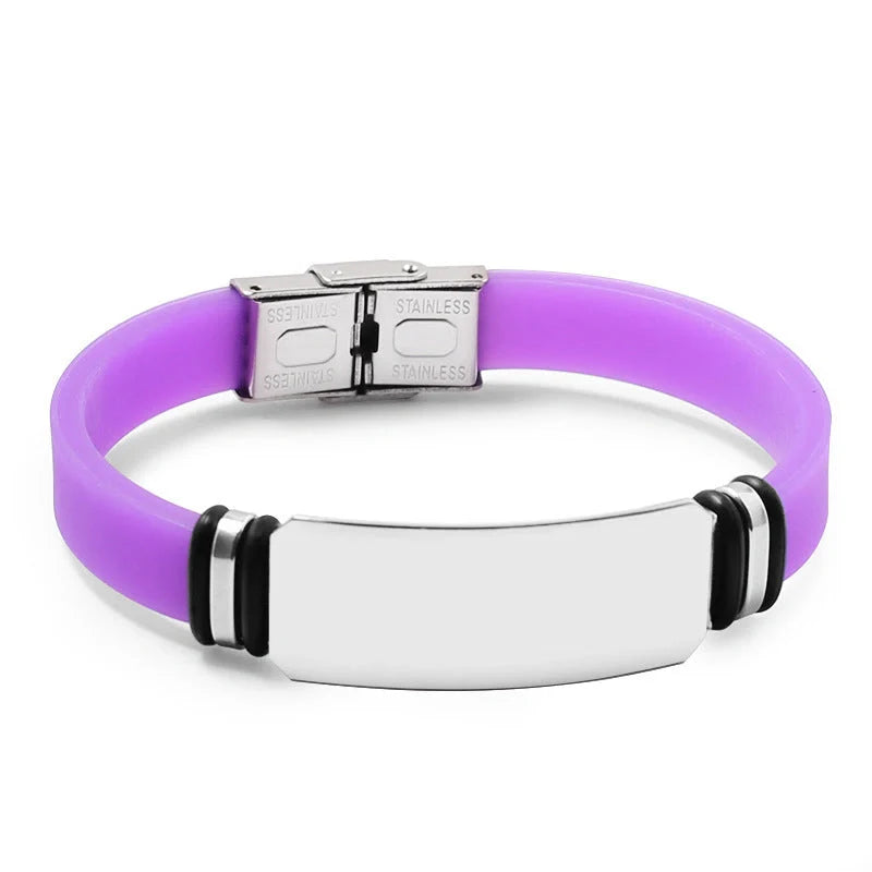 Custom engraved silicone bracelet with stainless steel clasp in various colors