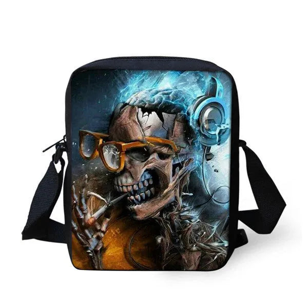 Skull-themed medium messenger bag for children with double shoulder straps and a top soft handle.