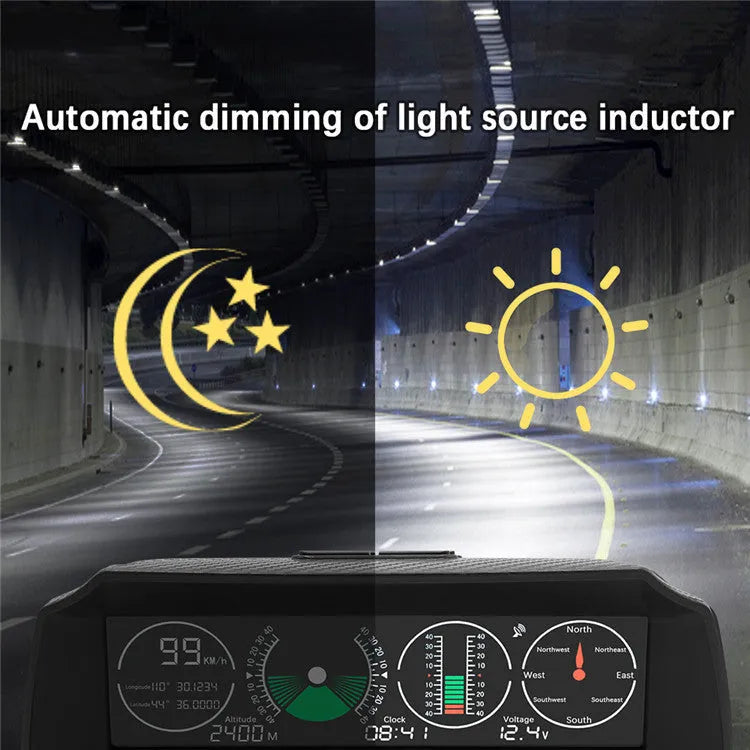 GPS GO 2 car heads-up display monitor showing speed, angle gradient, compass and altitude data on colour LCD screen