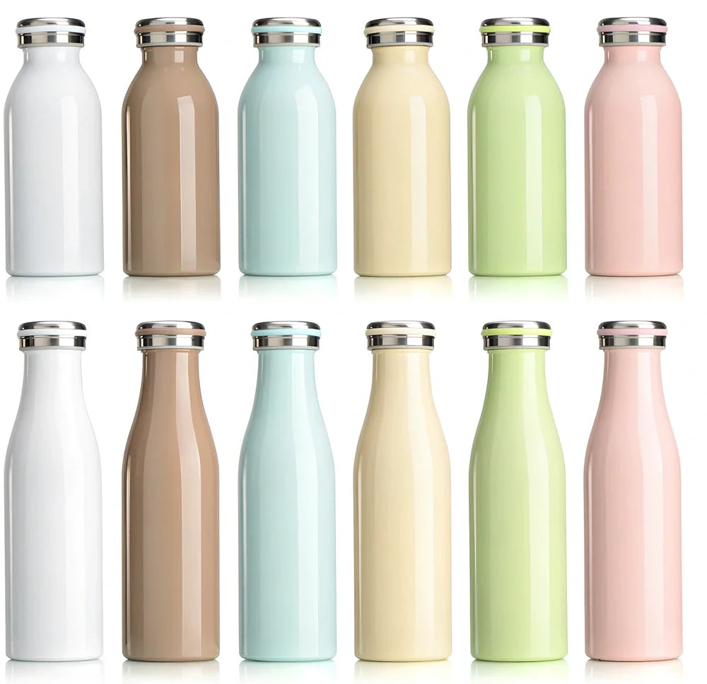 Milk vacuum water bottle in blue, 350ml size with 304 stainless steel insulation and silicone seal, 17cm tall