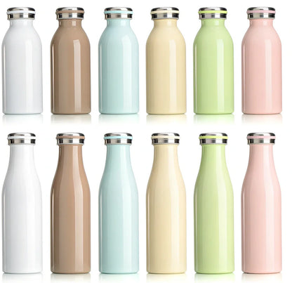 Milk vacuum water bottle in blue, 350ml size with 304 stainless steel insulation and silicone seal, 17cm tall